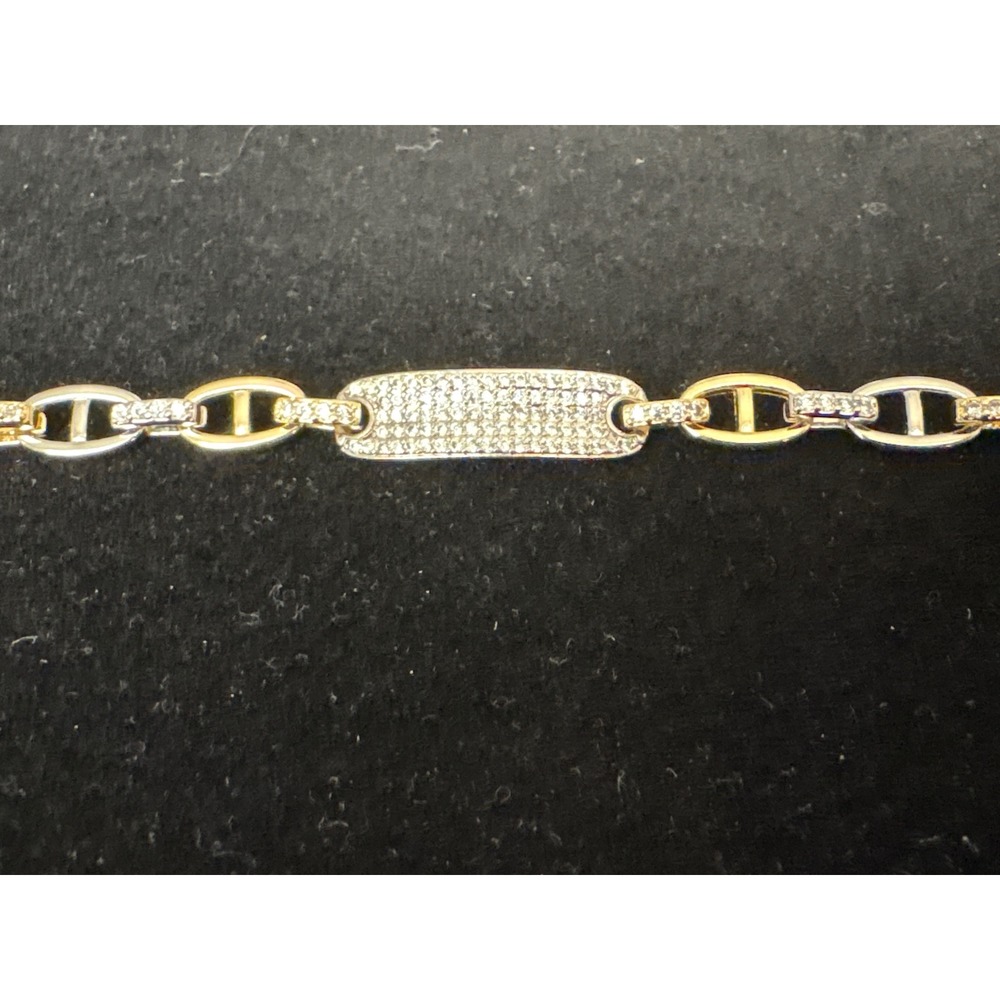 18k Gold Filled Mariner Link Bracelet Pavé Rhinestone ID Plate Two Tone 7 Inch